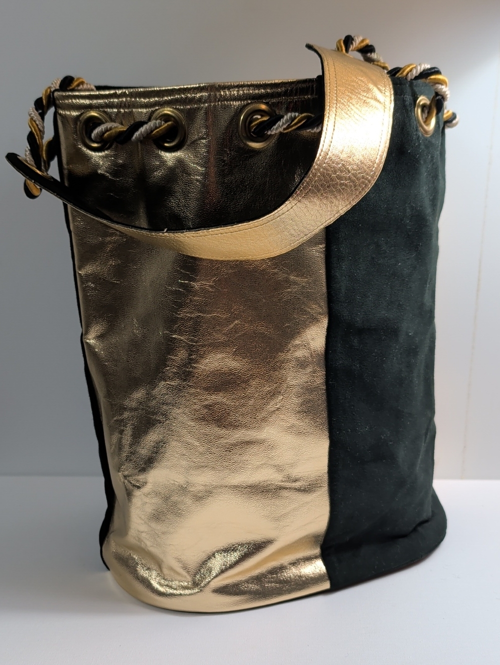 Vintage 80s Black Velveteen & Metallic Gold Bucket Bag